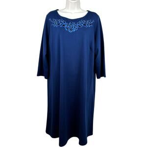 NEW Bob Mackie Dress Embroidered Floral 3/4 Sleeve Knit Blue 1X Art to Wear